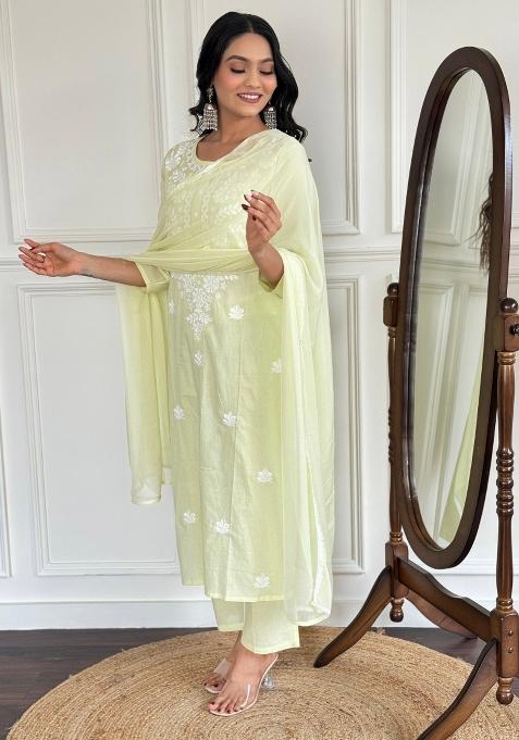 Yellow Resham Embroidery Cotton Kurta Set