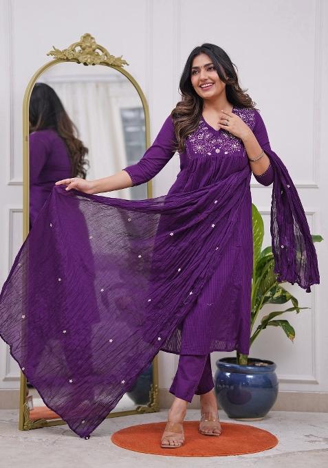 Lavender Resham Embroidery Viscose Kurta Set