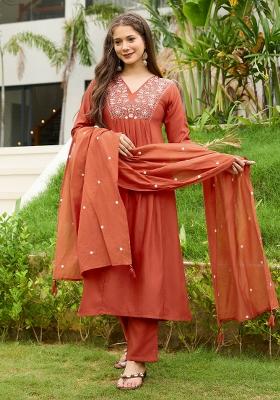 Rust Resham Embroidery Viscose Kurta Set