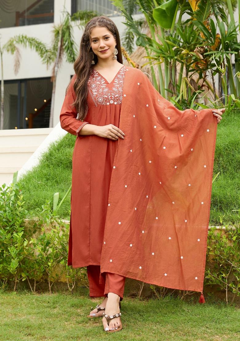 Rust Resham Embroidery Viscose Kurta Set - Indya