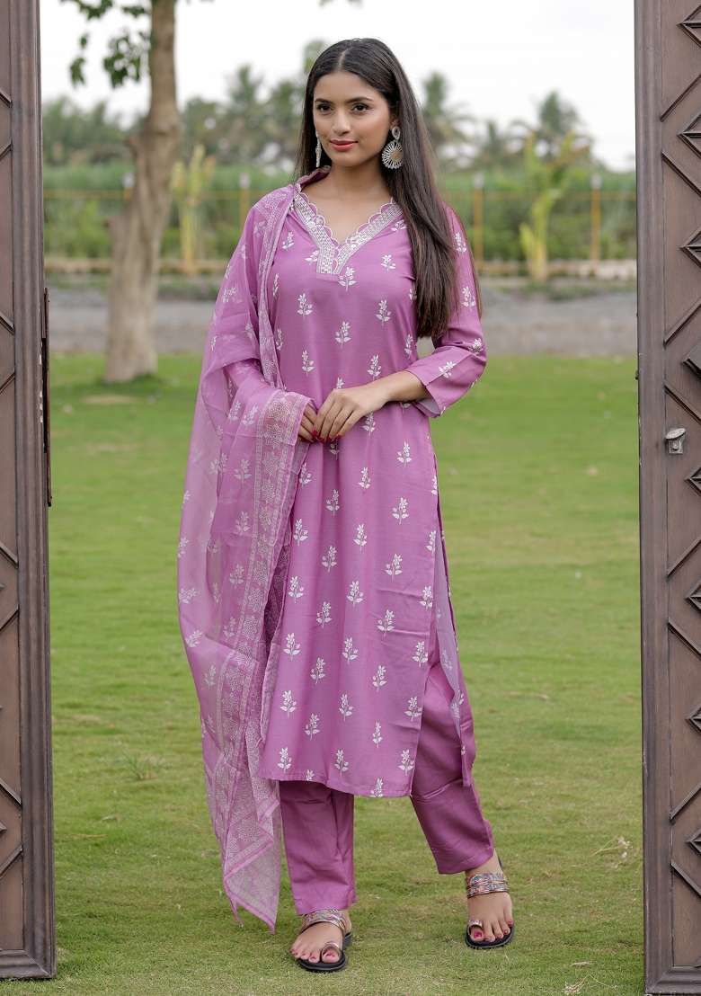 Mauve Printed Rayon Straight Kurta Set - Indya