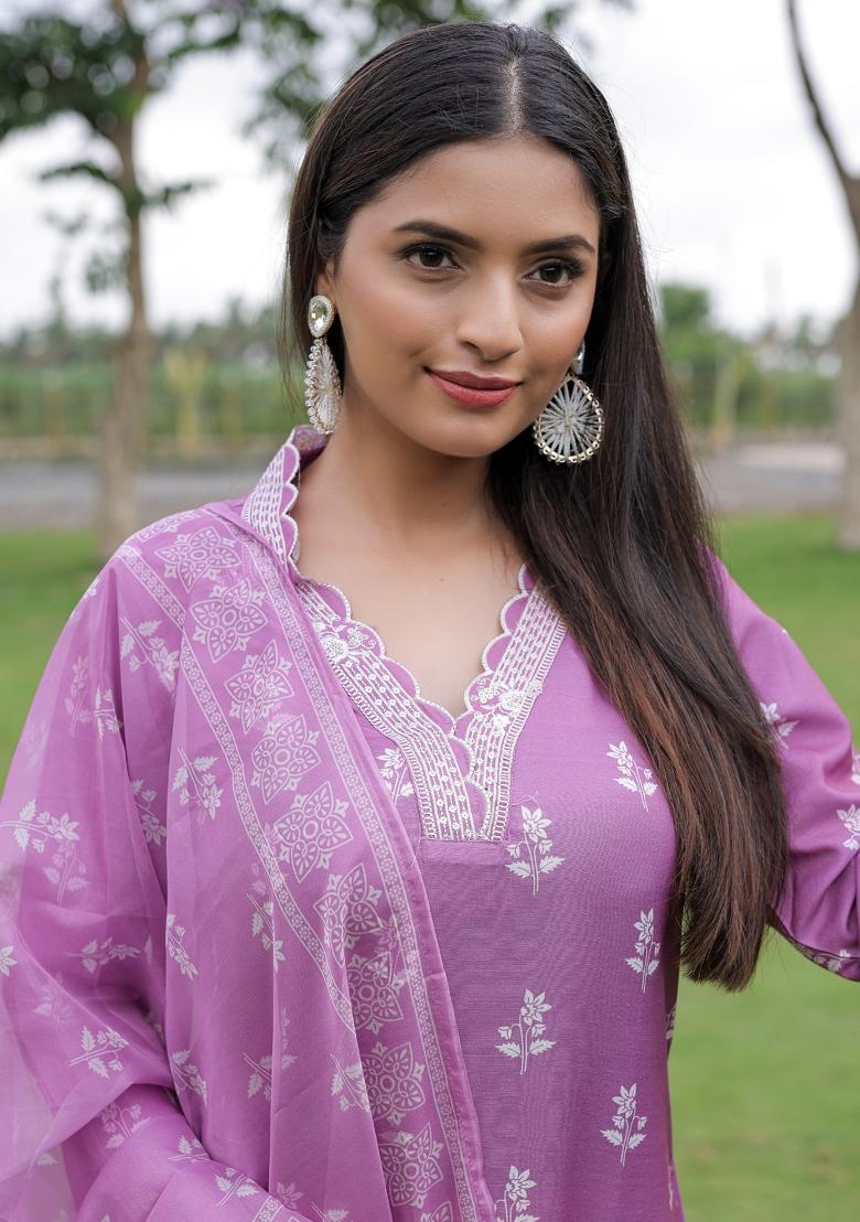 Mauve Resham Embroidery Rayon Kurta Set - Indya