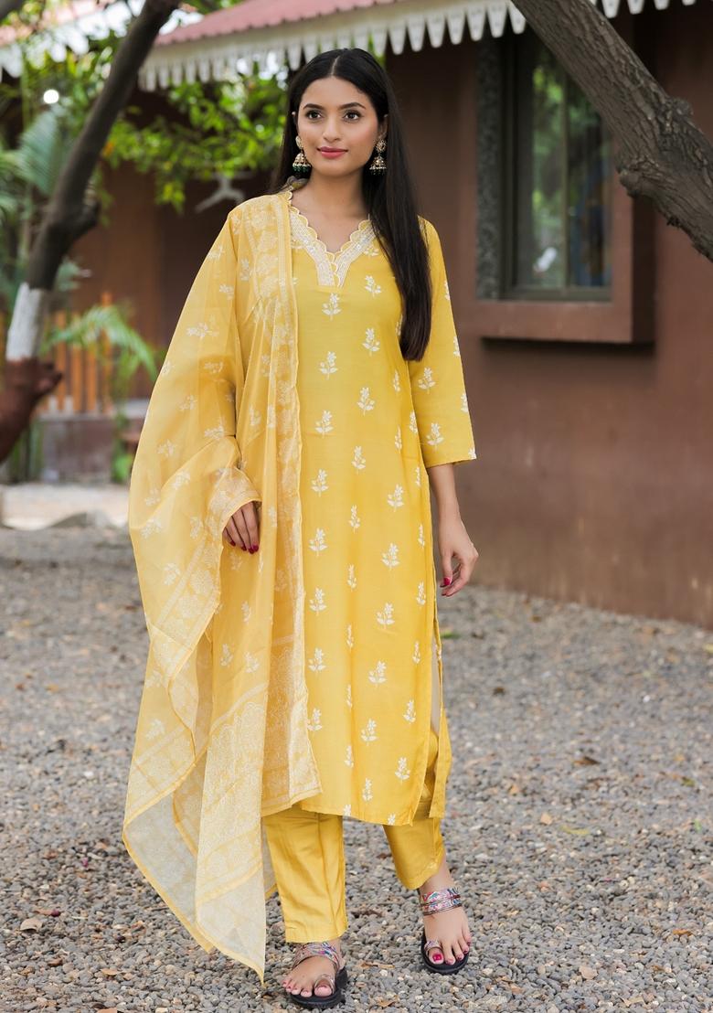 Yellow Resham Embroidery Rayon Kurta Set - Indya