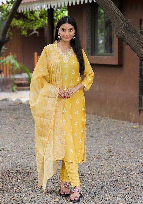 Yellow Resham Embroidery Rayon Kurta Set