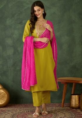 Yellow Resham Embroidery Rayon Kurta Set