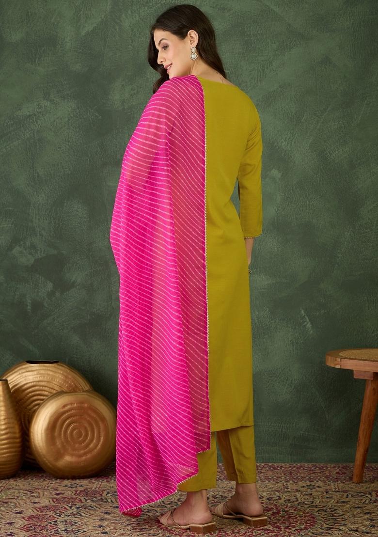 Yellow Resham Embroidery Rayon Kurta Set - Indya