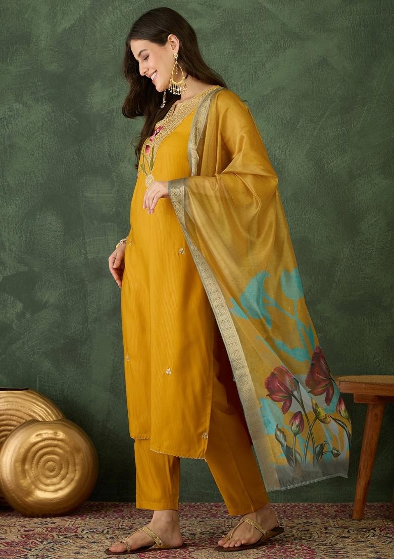 Mustard Resham Embroidery Rayon Kurta Set - Indya