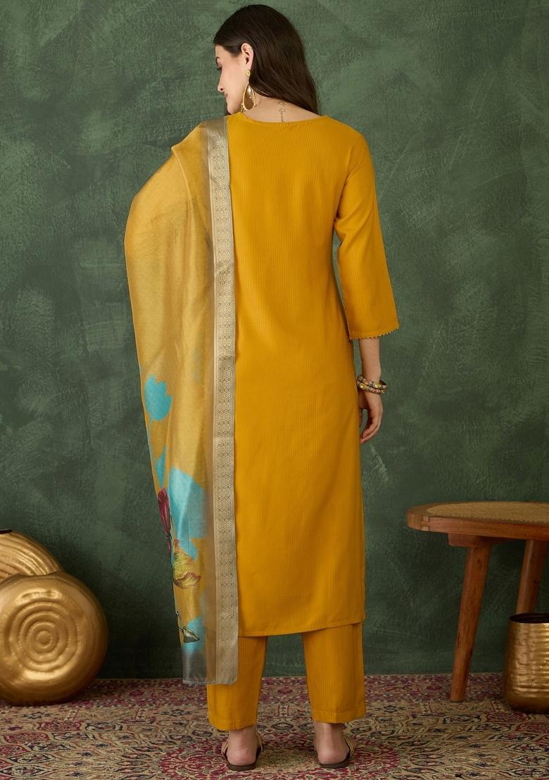 Mustard Resham Embroidery Rayon Kurta Set - Indya