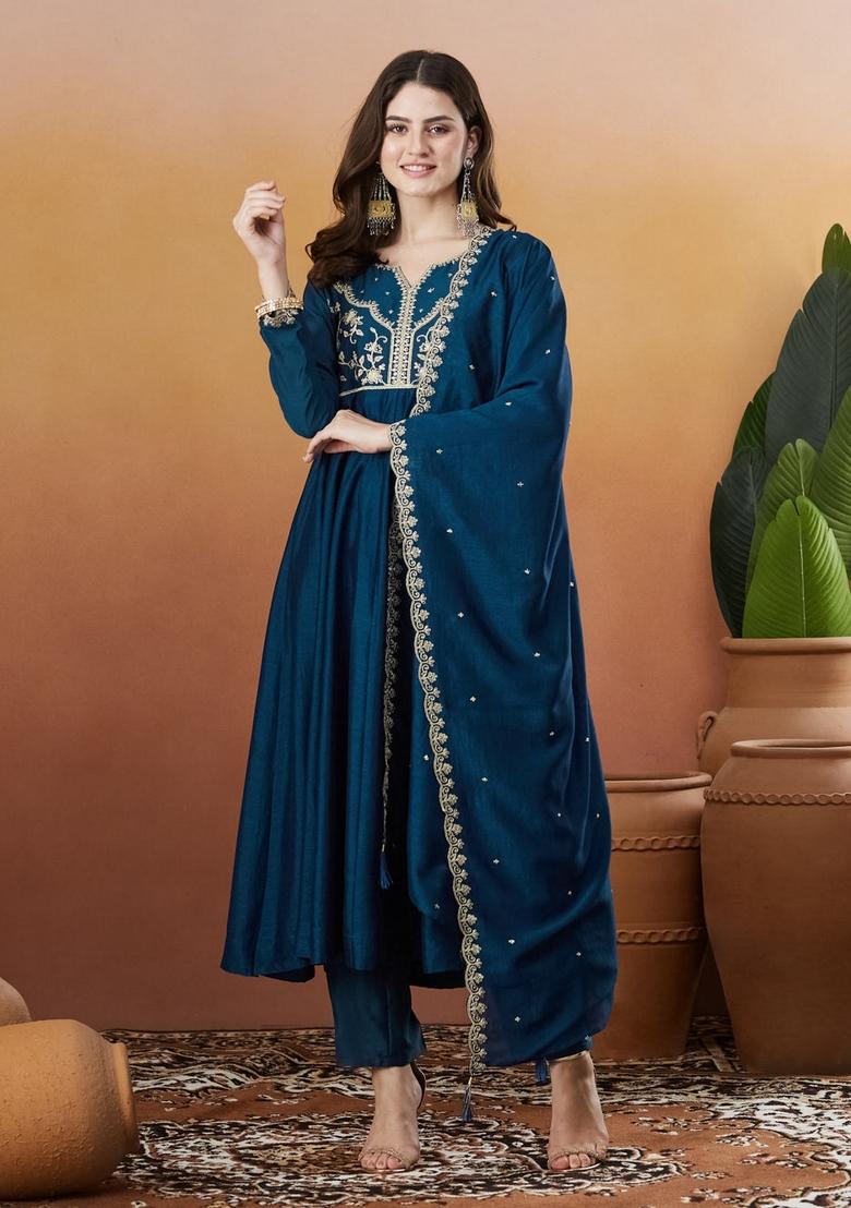 Teal Resham Embroidery Art Silk Kurta Set - Indya