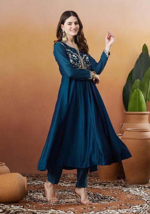 Teal Resham Embroidery Art Silk Kurta Set