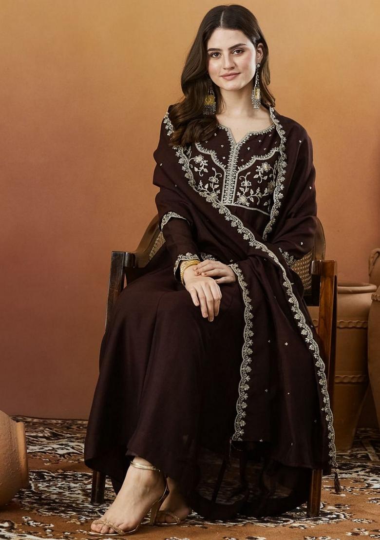 Coffee Resham Embroidery Art Silk Kurta Set - Indya