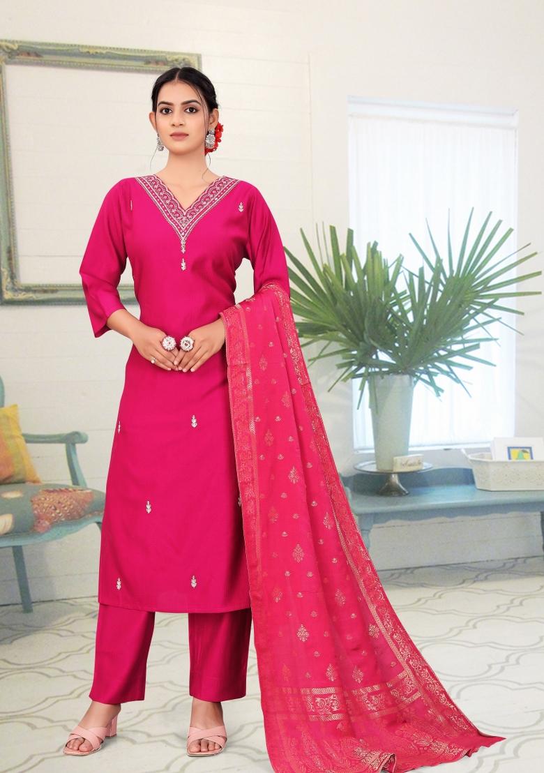 Pink Abstract Print Art Silk Kurta Set - Indya