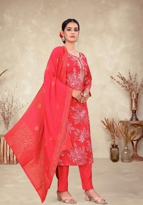 Red Abstract Print Art Silk Kurta Set