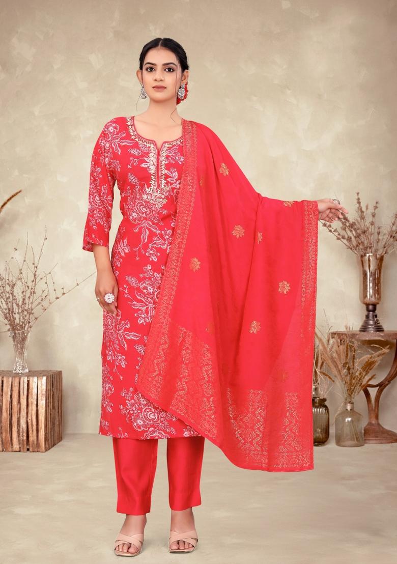 Red Abstract Print Art Silk Kurta Set - Indya