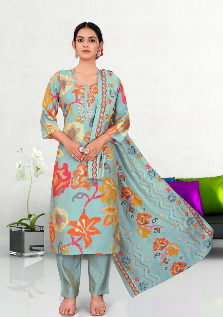 Blue Abstract Print Art Silk Kurta Set - Indya