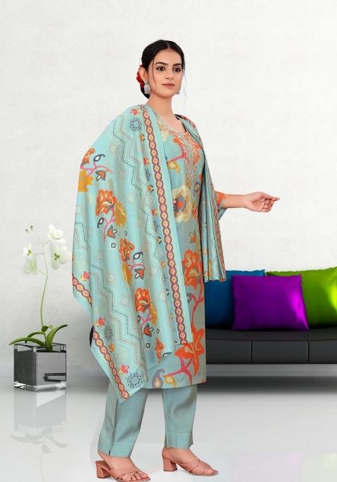 Blue Abstract Print Art Silk Kurta Set