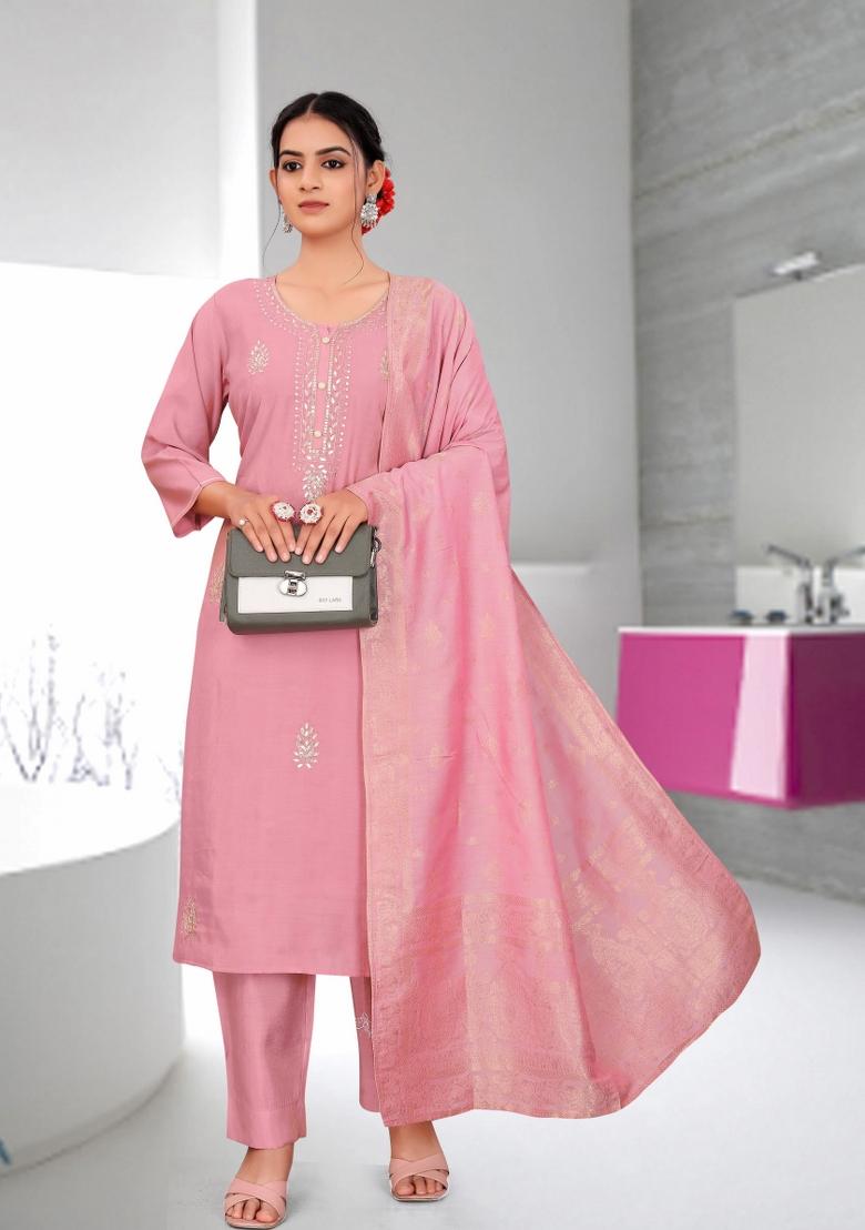 Pink Abstract Print Art Silk Kurta Set - Indya