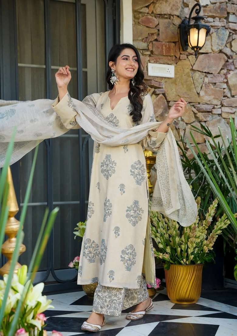 Grey Printed Silk Straight Kurta Set - Indya