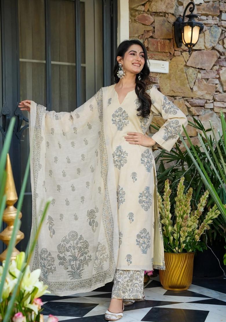 Grey Abstract Print Art Silk Kurta Set - Indya