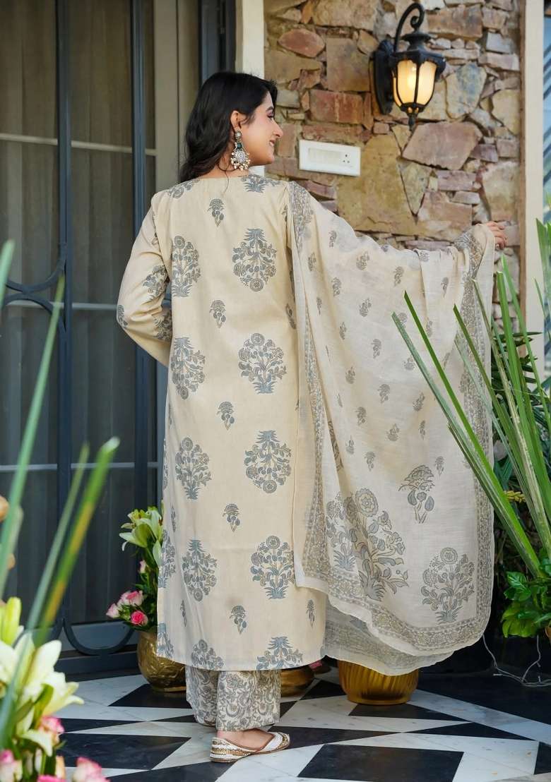 Grey Printed Silk Straight Kurta Set - Indya