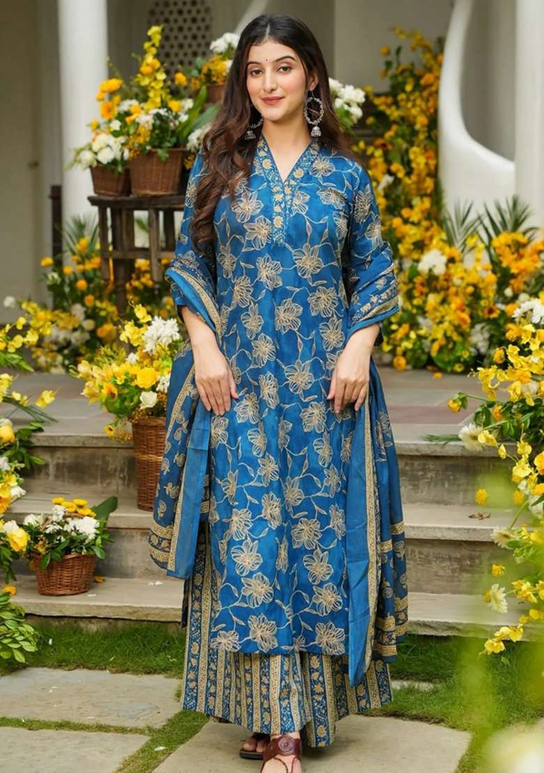 Blue Floral Print Silk Sharara Set - Indya