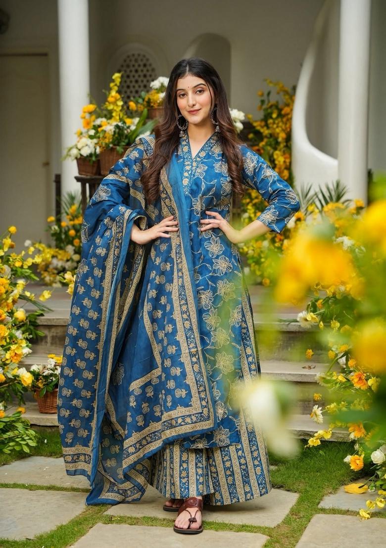 Blue Abstract Print Art Silk Kurta Set - Indya