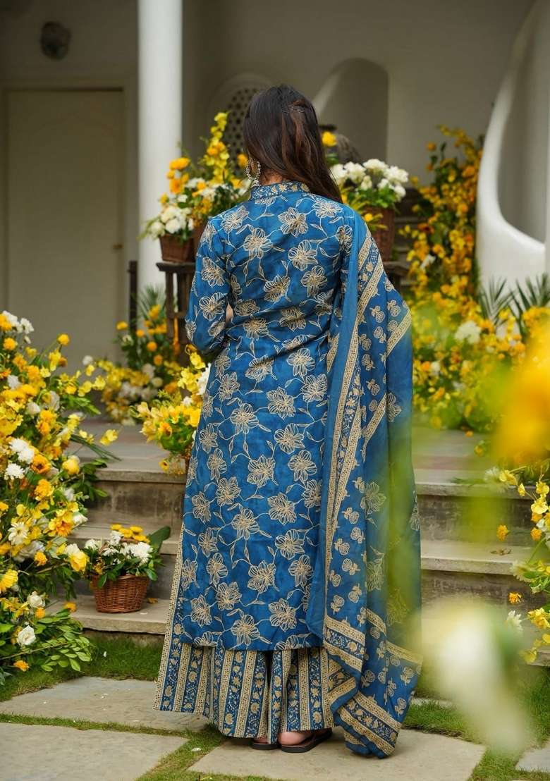 Blue Floral Print Silk Sharara Set - Indya