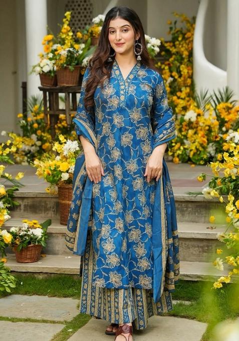 Blue Abstract Print Art Silk Kurta Set