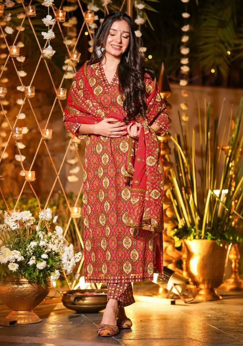 Maroon Printed Silk Straight Kurta Set - Indya