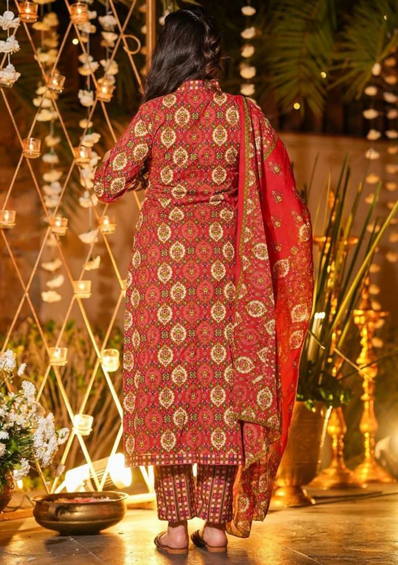 Maroon Printed Silk Straight Kurta Set - Indya