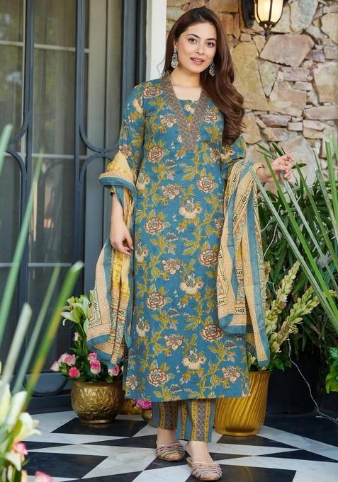 Blue Abstract Print Art Silk Kurta Set