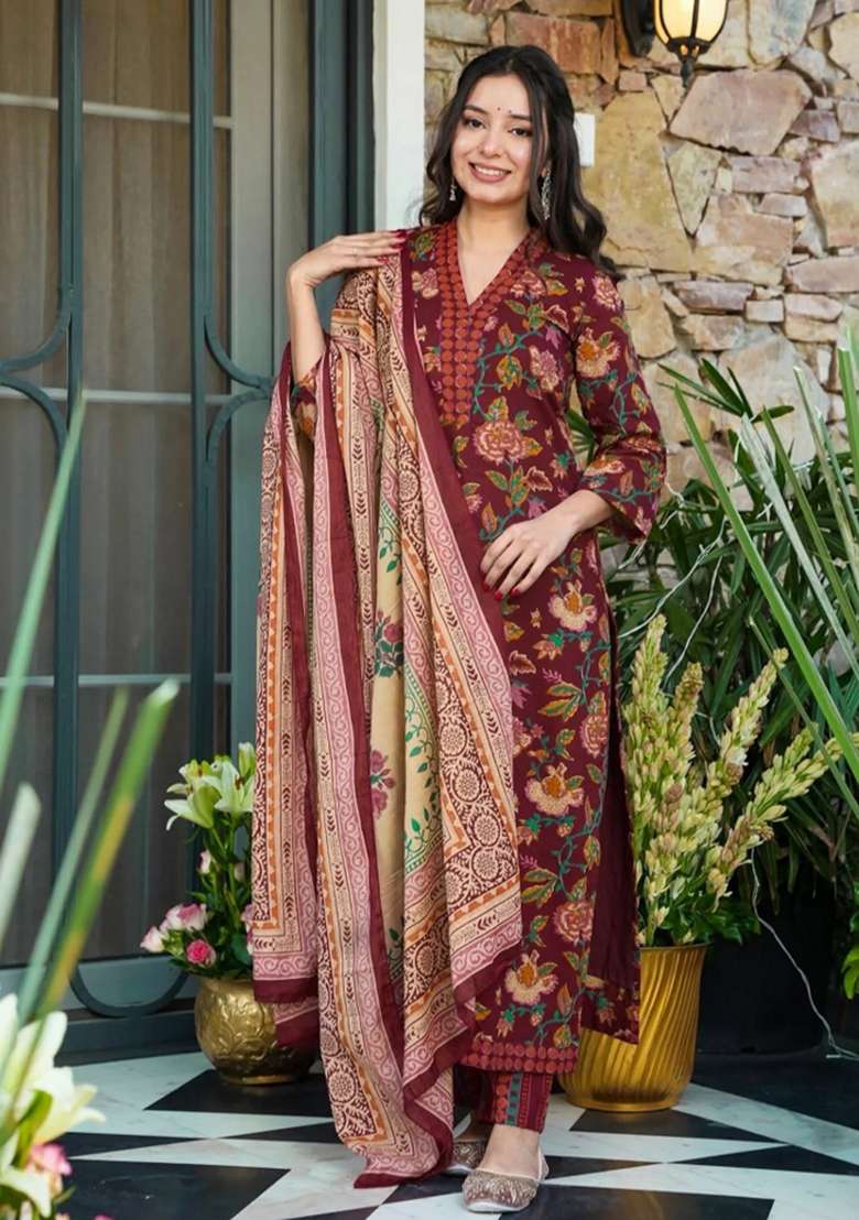 Wine Floral Print Silk Straight Kurta Set - Indya