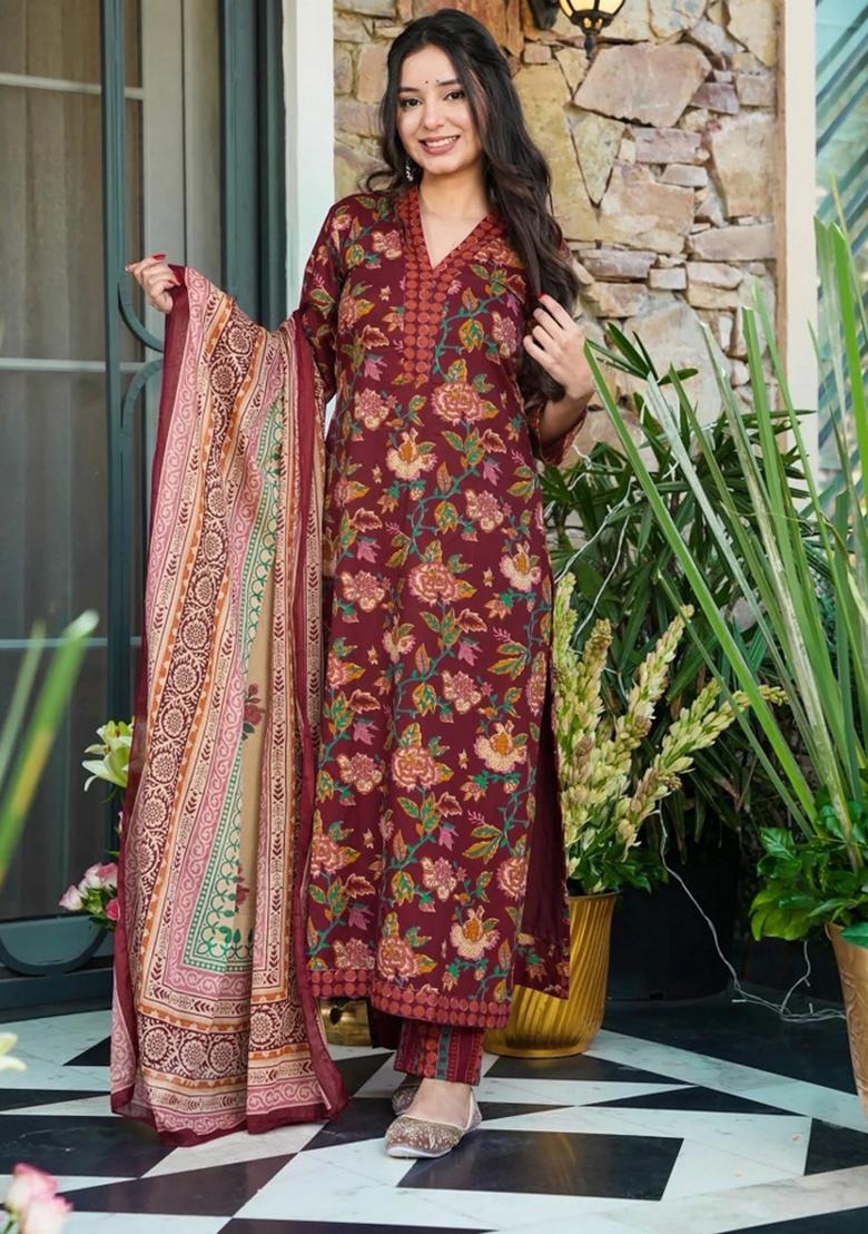 Wine Abstract Print Art Silk Kurta Set - Indya