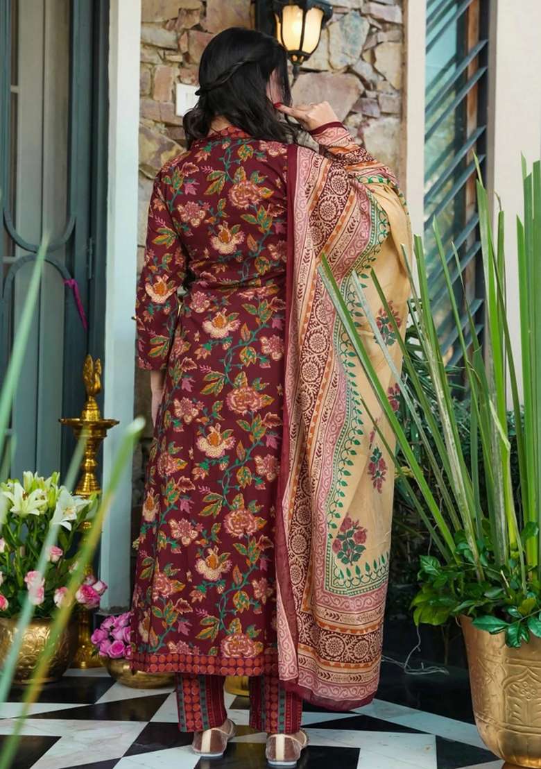 Wine Floral Print Silk Straight Kurta Set - Indya