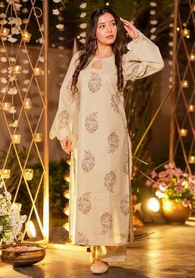 Cream Abstract Print Art Silk Kurta Set