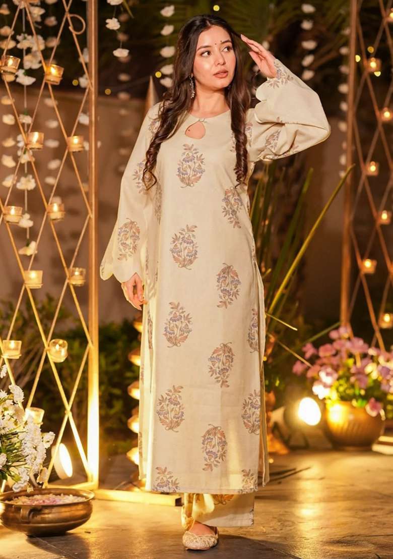 Cream Printed Silk Straight Kurta Set - Indya