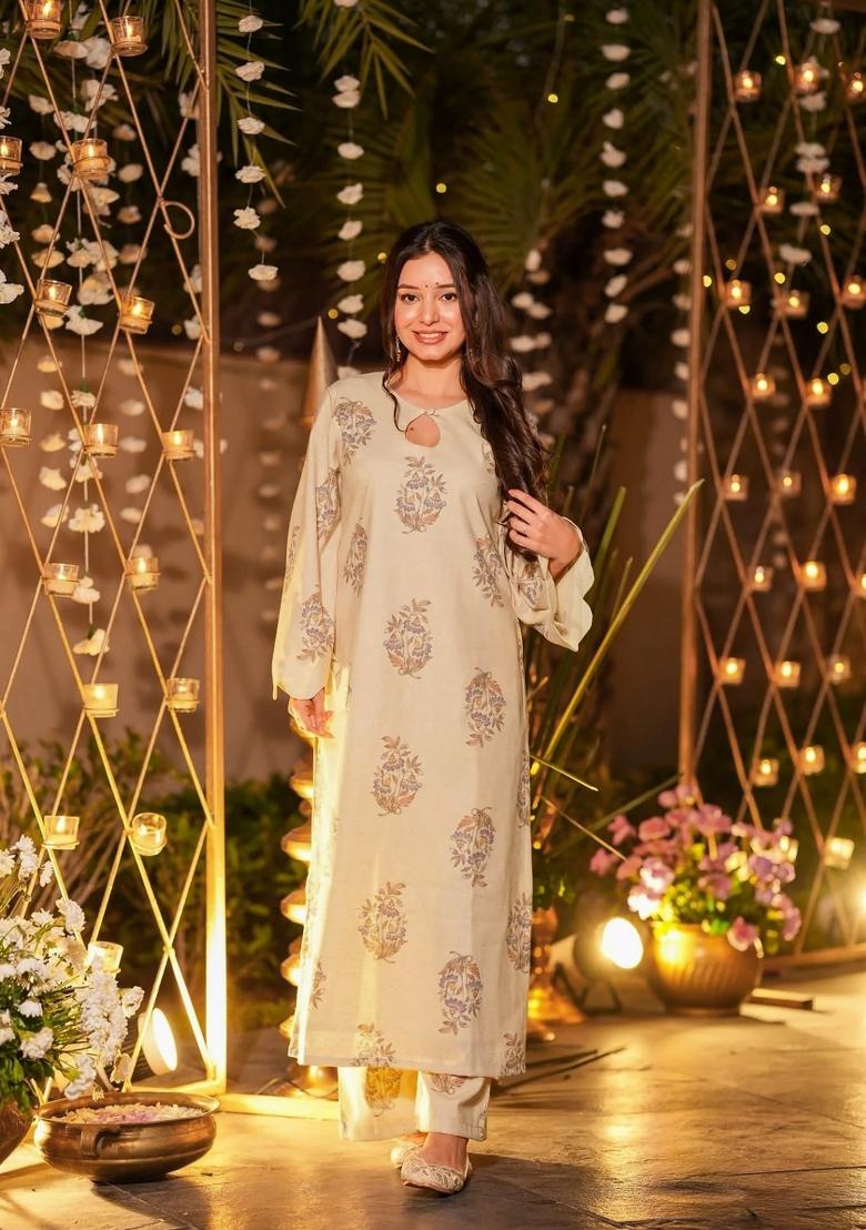 Cream Abstract Print Art Silk Kurta Set - Indya