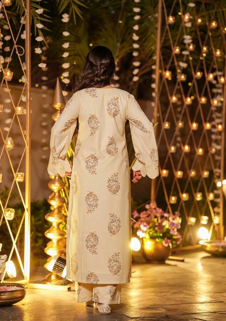 Cream Printed Silk Straight Kurta Set - Indya