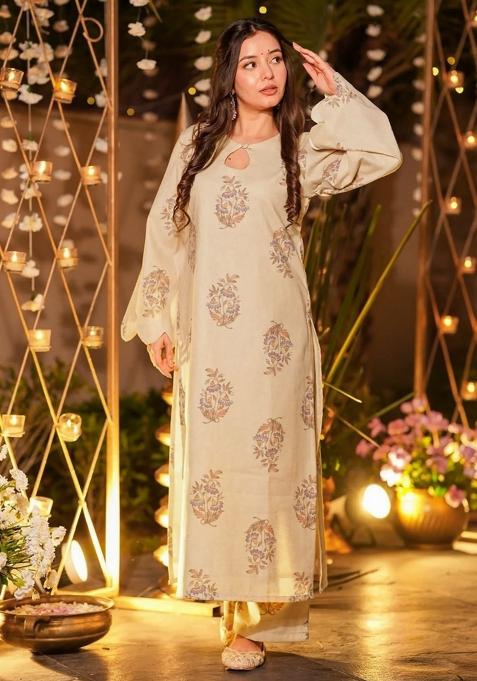 Cream Abstract Print Art Silk Kurta Set