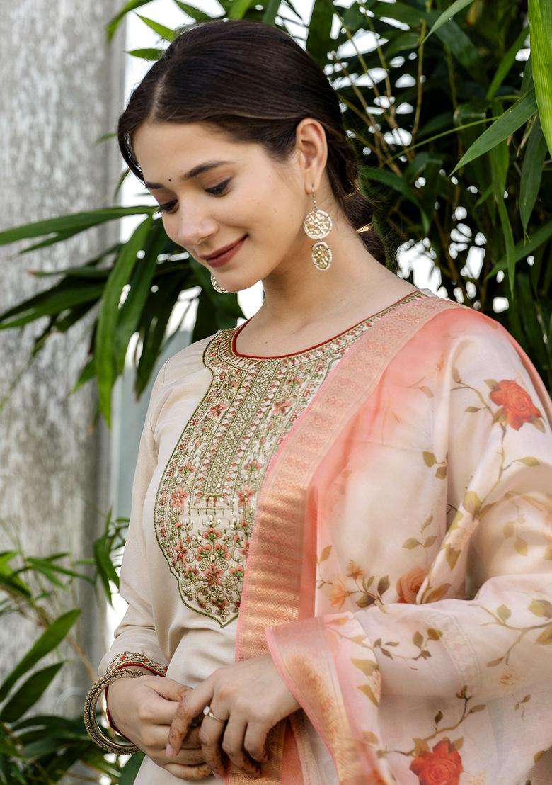 Brown Resham Embroidery Rayon Kurta Set - Indya