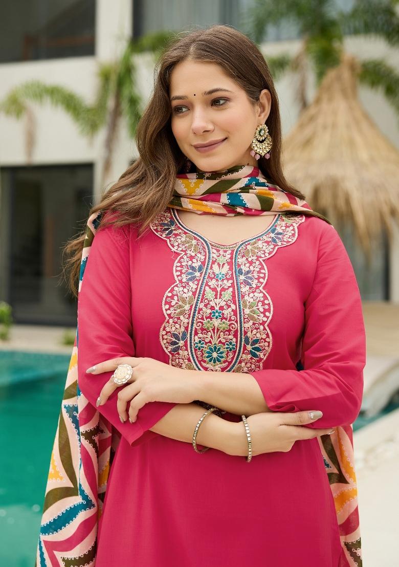 Red Resham Embroidery Rayon Kurta Set - Indya