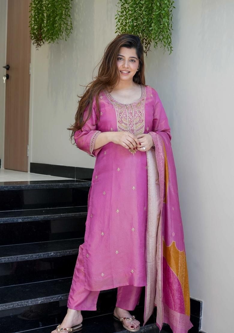 Purple Resham Embroidery Viscose Kurta Set - Indya