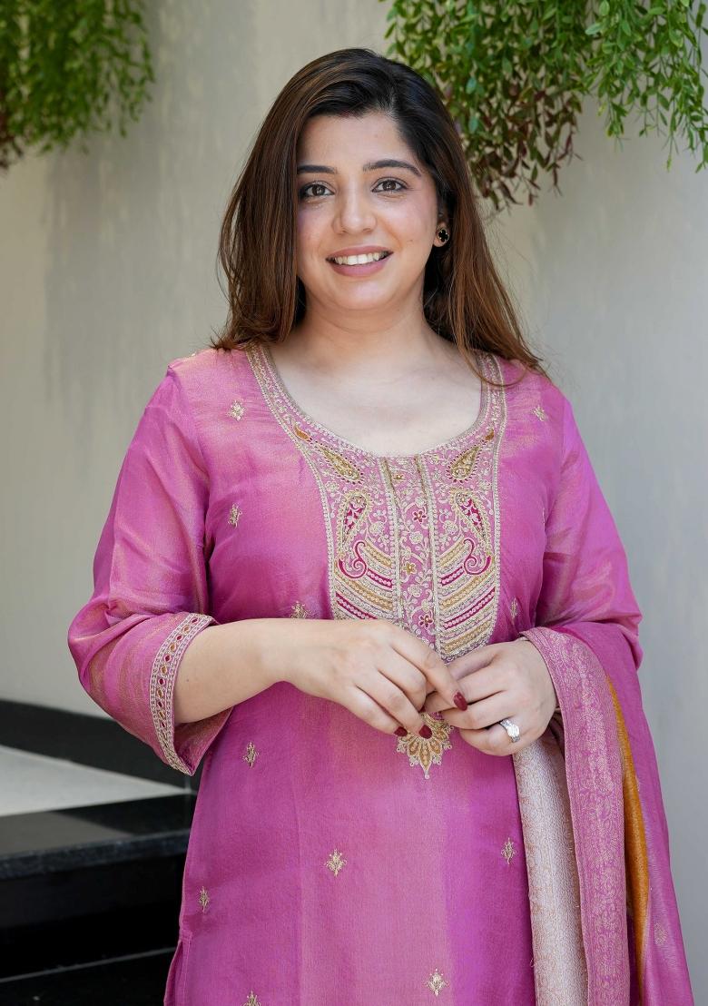 Purple Resham Embroidery Viscose Kurta Set - Indya