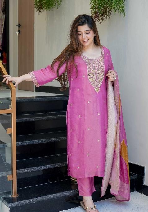 Purple Resham Embroidery Viscose Kurta Set