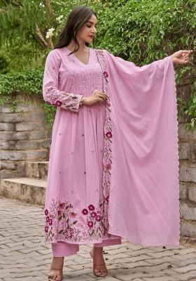 Pink Resham Embroidery Chanderi Kurta Set