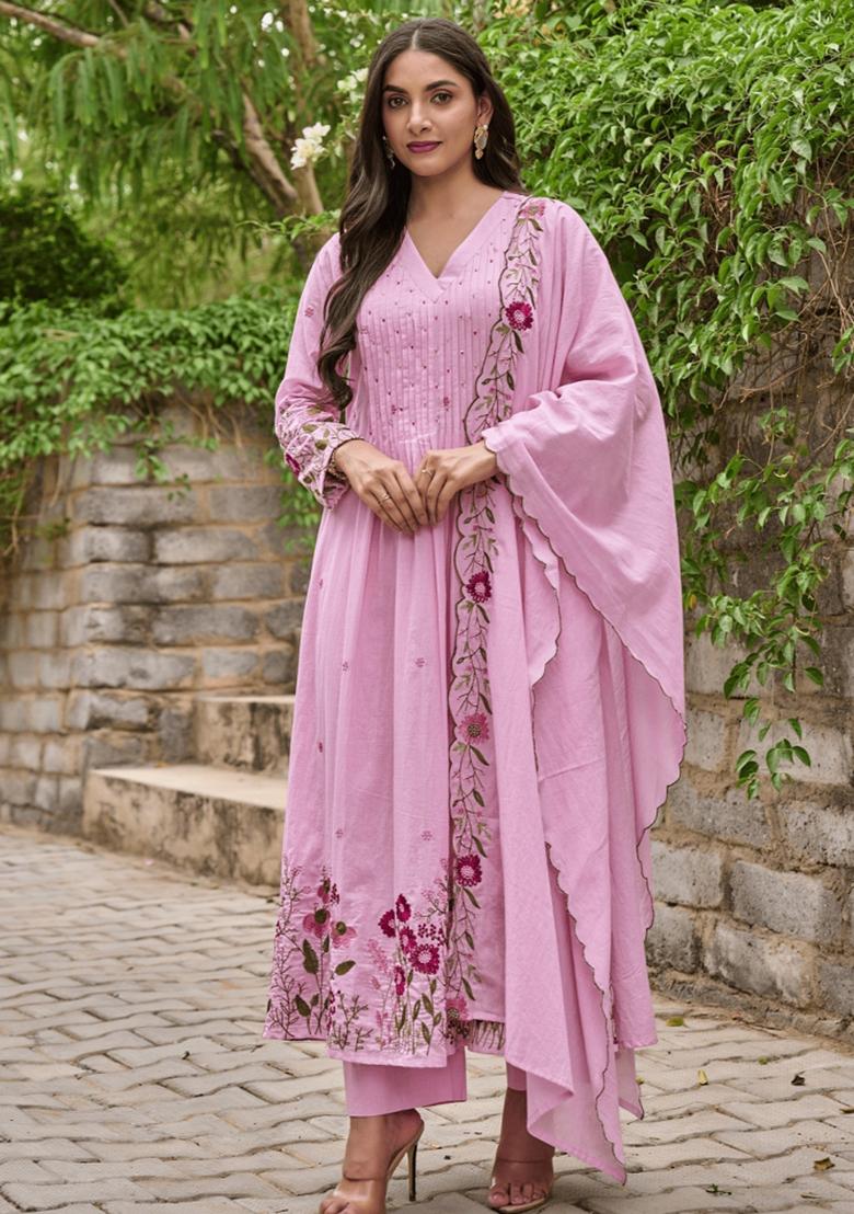 Pink Resham Embroidery Chanderi Kurta Set - Indya