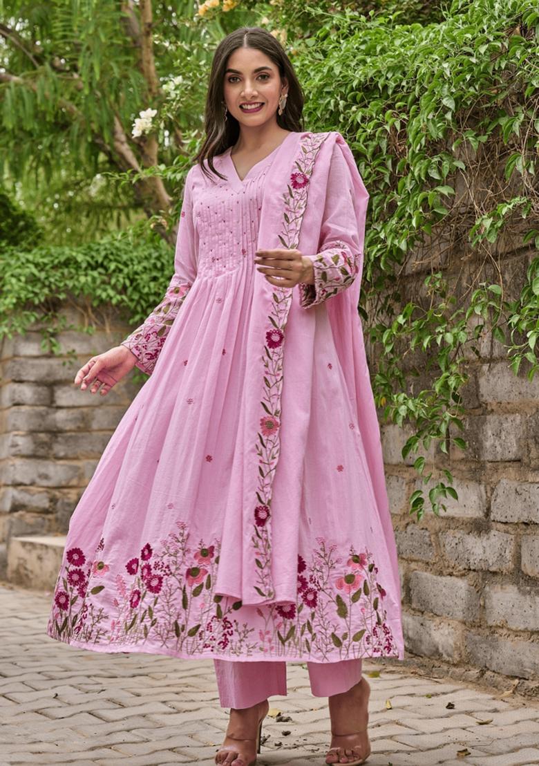 Pink Resham Embroidery Chanderi Kurta Set - Indya