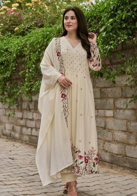 Cream Resham Embroidery Chanderi Kurta Set
