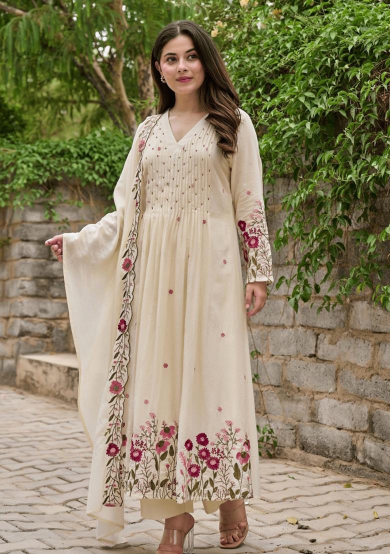 Cream Resham Embroidery Chanderi Kurta Set - Indya