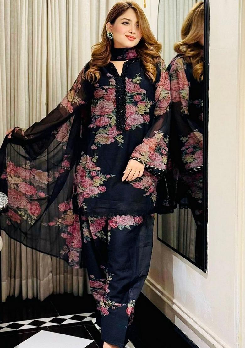 Blue Resham Embroidery Georgette Kurta Set - Indya